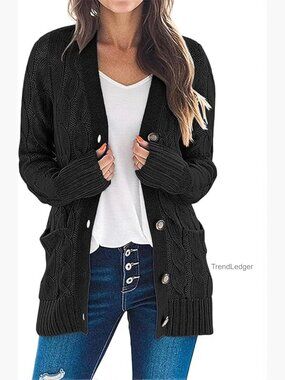 Cable Knit Cardigan Sweater Long Sleeve Open Front Button Down Cozy